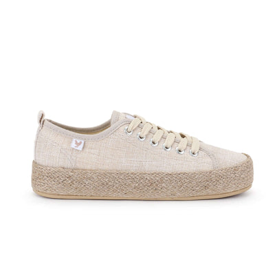 Linen lace-up espadrille sneakers with jute band and rubber sole, showcasing vibrant Spanish summer style and 4cm platform.