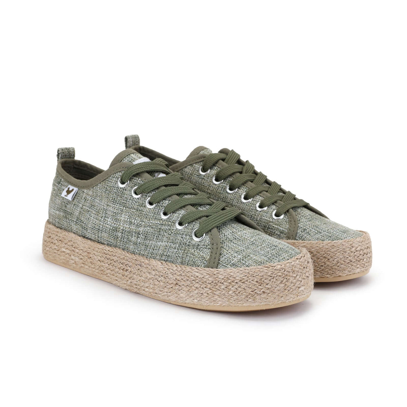 Green linen lace-up espadrille sneakers with jute platform, featuring a Mediterranean summer style and comfortable design.