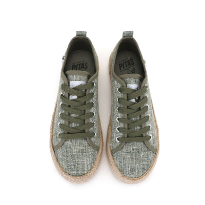 Linen lace-up espadrille sneakers with jute band and rubber sole, vibrant Spanish summer style, top view.