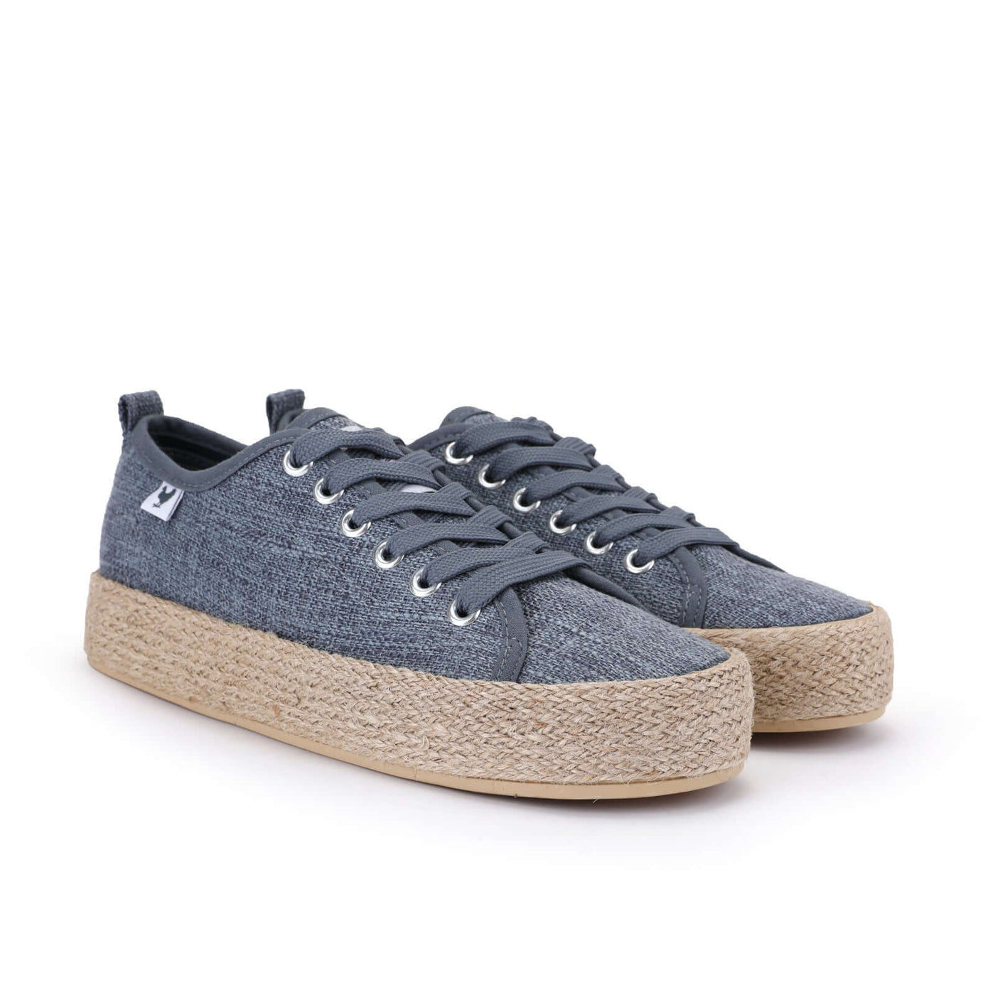 Pitas linen lace-up espadrille sneakers with jute platform, Mediterranean style, blue canvas upper, durable rubber sole.