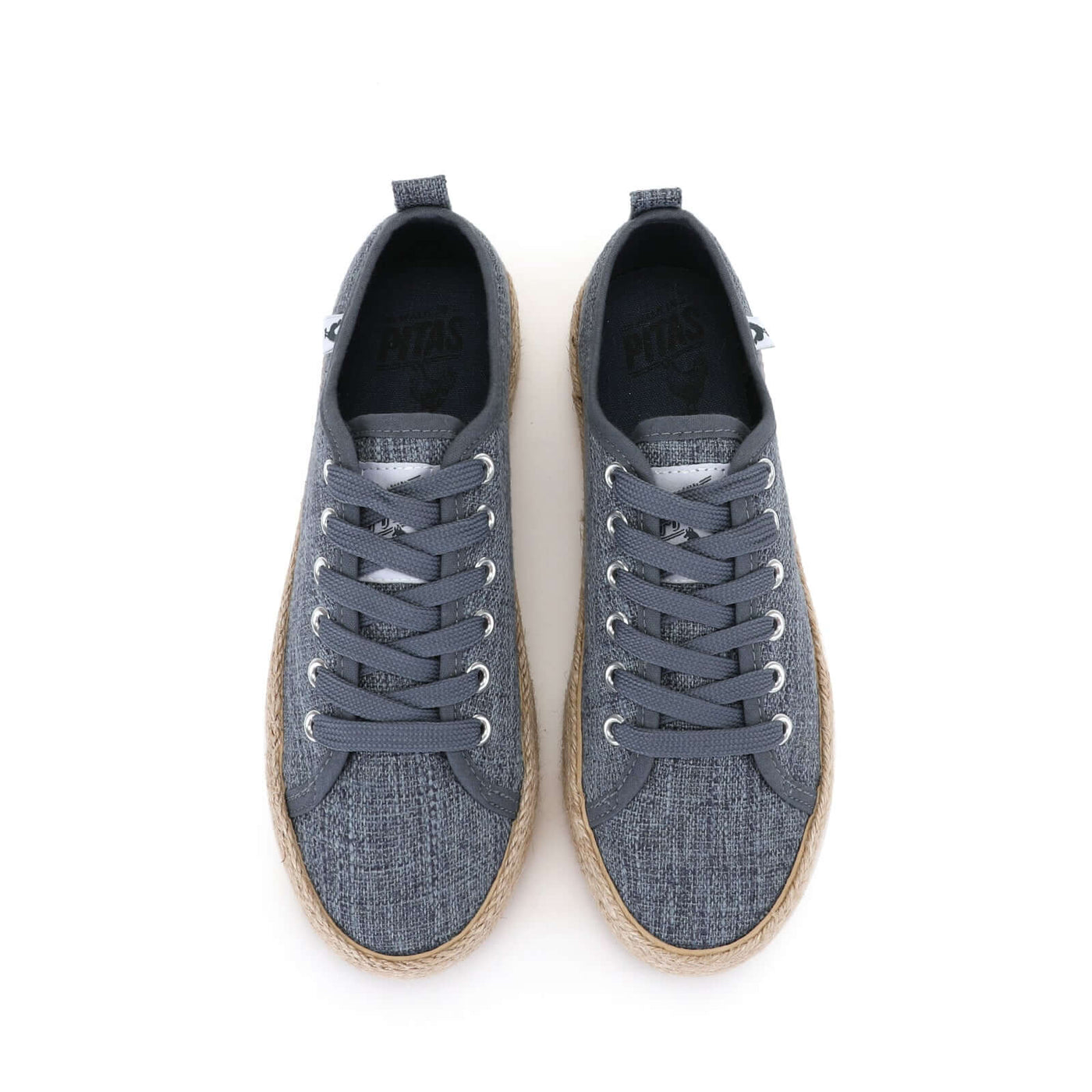 Gray linen lace-up espadrille sneakers with jute band and rubber sole, showcasing Mediterranean summer style and comfort.