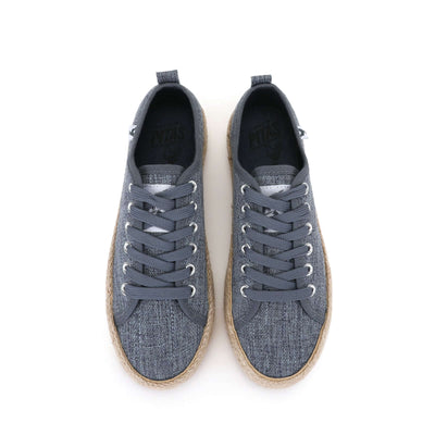 Gray linen lace-up espadrille sneakers with jute band and rubber sole, showcasing Mediterranean summer style and comfort.