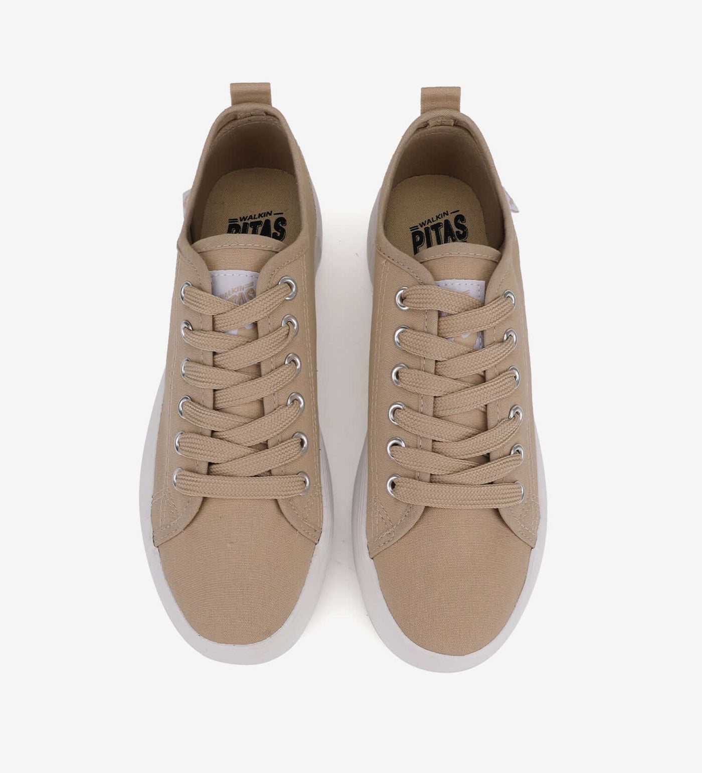 Pitas Classic Platform Sneakers with beige washed canvas upper and natural rubber sole, featuring wide ribbon laces, top view.