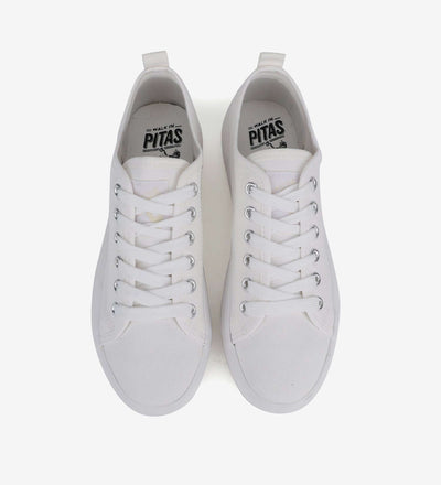 White Pitas Classic Platform Sneakers with 4cm rubber sole and canvas upper, viewed from above.