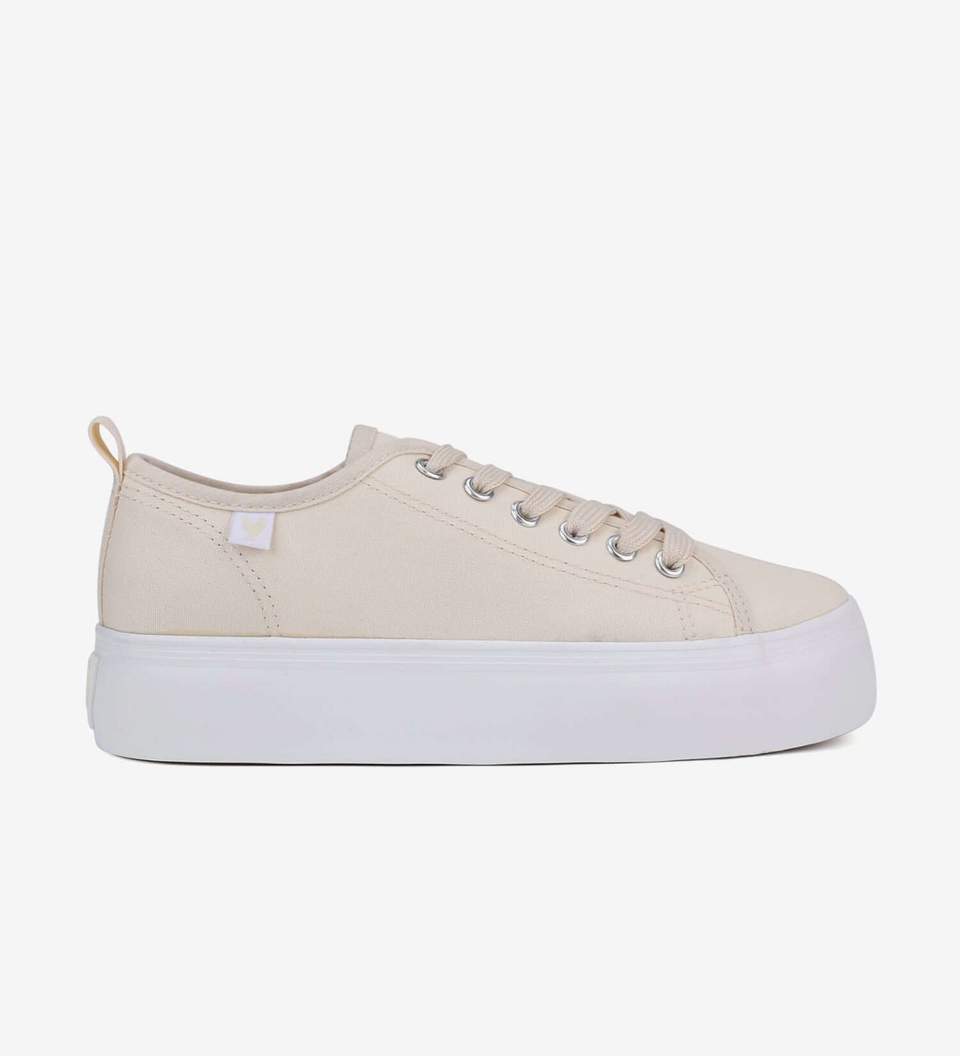 Pitas Classic Platform Sneakers with 4cm natural rubber sole and washed canvas upper in beige, featuring wide ribbon laces.