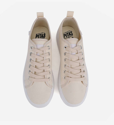 Beige Pitas Classic Platform Sneakers with natural rubber sole and wide ribbon laces, top view.