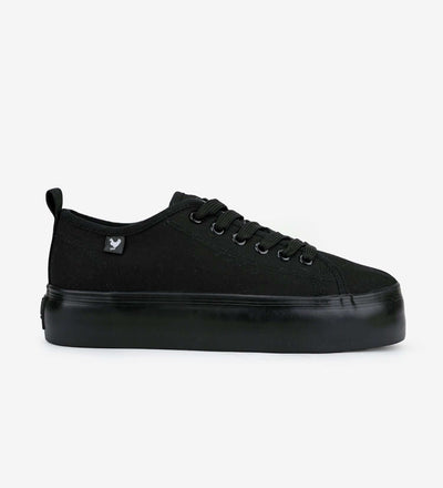 Black Pitas Classic Platform Sneakers with 4cm natural rubber sole and washed canvas upper, perfect for Mediterranean style.