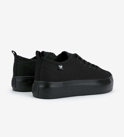 Black Pitas Classic Platform Sneakers with 4cm natural rubber sole and washed canvas upper, shown from the side and back angles.