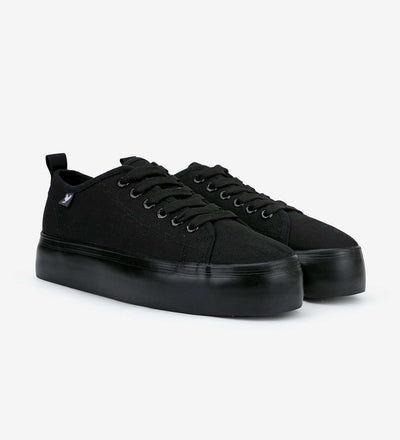 Black Pitas Classic Platform Sneakers with natural rubber sole and washed canvas upper.