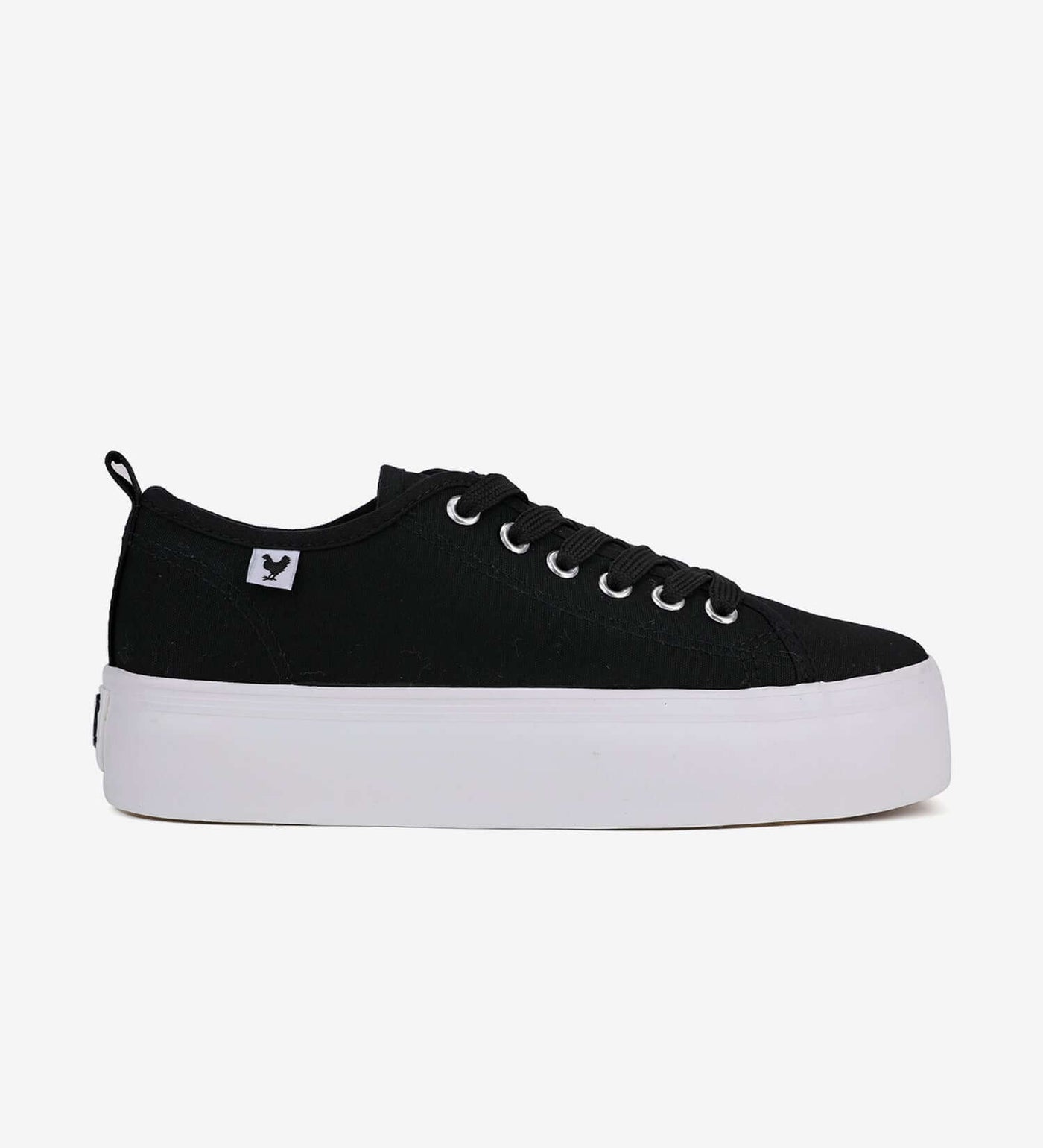 Black Pitas Classic Platform Sneakers with 4cm natural rubber sole and washed canvas upper, featuring wide ribbon laces.