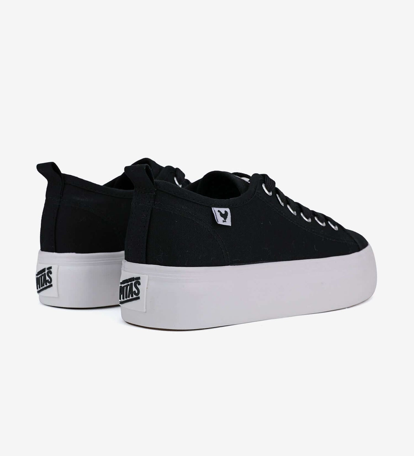 Black Pitas Classic Platform Sneakers with natural rubber 4cm sole and washed canvas upper, featuring wide ribbon laces.