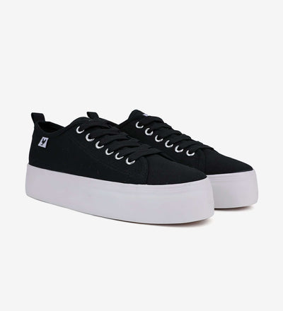 Pitas Classic Platform Sneakers with black washed canvas upper and 4cm natural rubber sole, featuring wide ribbon laces.