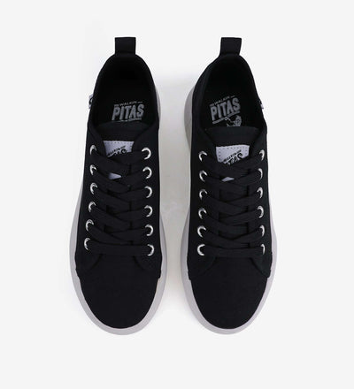 Black Pitas Classic Platform Sneakers with 4cm natural rubber sole and wide ribbon laces, made with washed canvas upper.