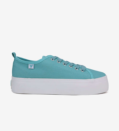 Teal Pitas Classic Platform Sneakers with 4cm natural rubber sole and washed canvas upper, designed for Mediterranean style.