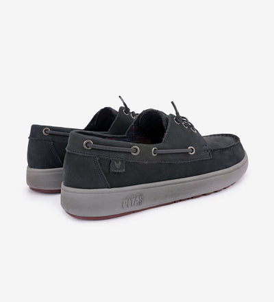 Black Daiki Leather Boat Shoes by Pitas with elastic laces, premium cowhide, and durable rubber soles, rear view.