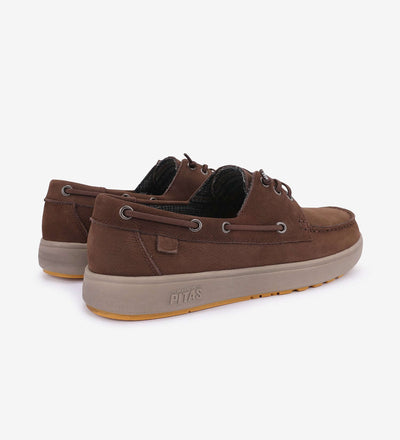 Brown Daiki Leather Boat Shoes by Pitas, featuring three lace eyelets, elastic laces, and premium cowhide leather upper.