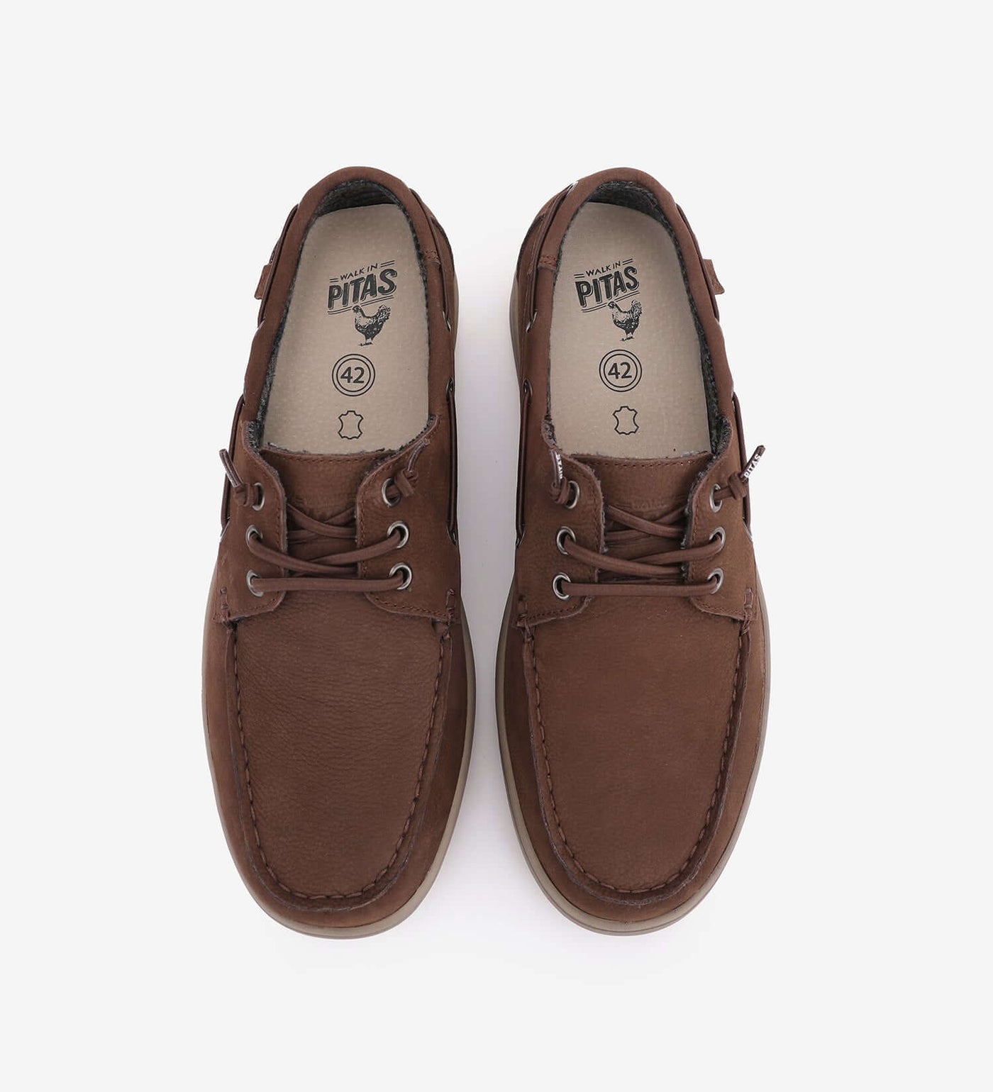 Brown Daiki leather boat shoes by Pitas, featuring premium cow hide upper and easy-on laces, lightweight and durable design.