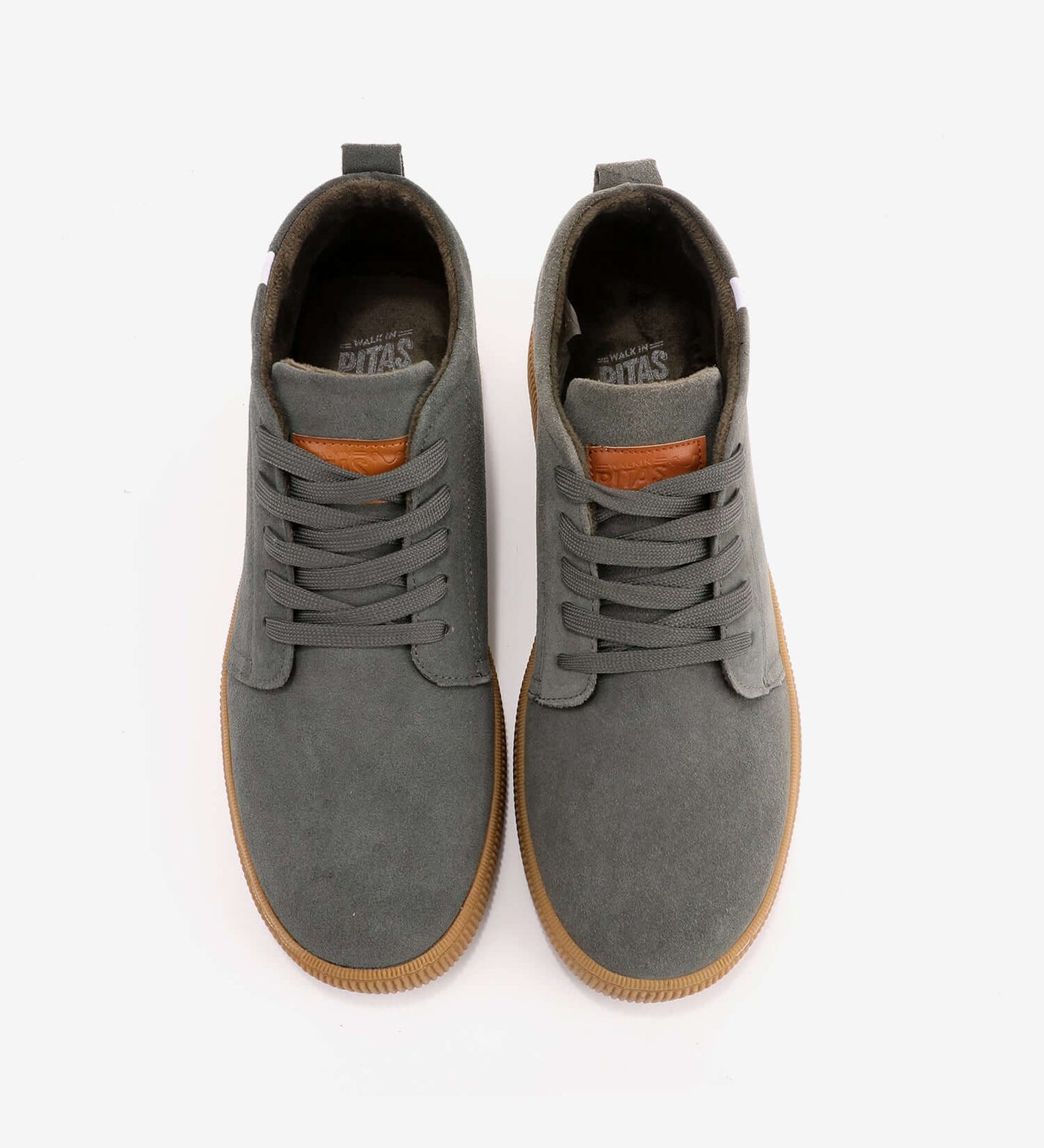 Hiro Chukka Boots by Pitas in grey suede with rubber sole and flat laces, shown from top view.