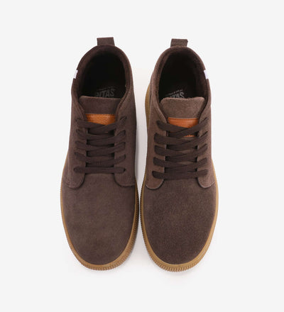 Brown Hiro Chukka Boots by Pitas with suede uppers and rubber soles, shown from a top view with flat laces and round toe design.