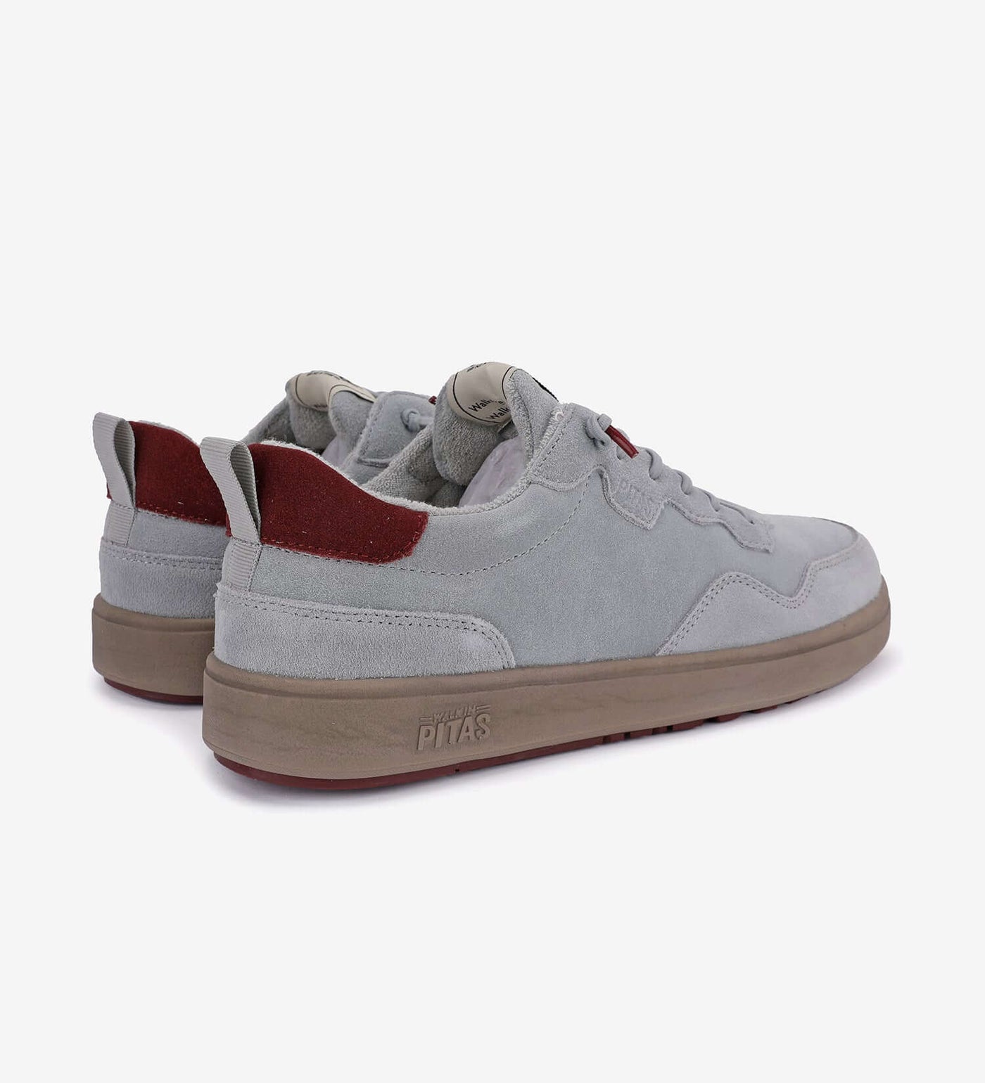 Kume Sneakers by Pitas in gray suede, featuring a water-repellent design with red accents and elastic easy-on laces.