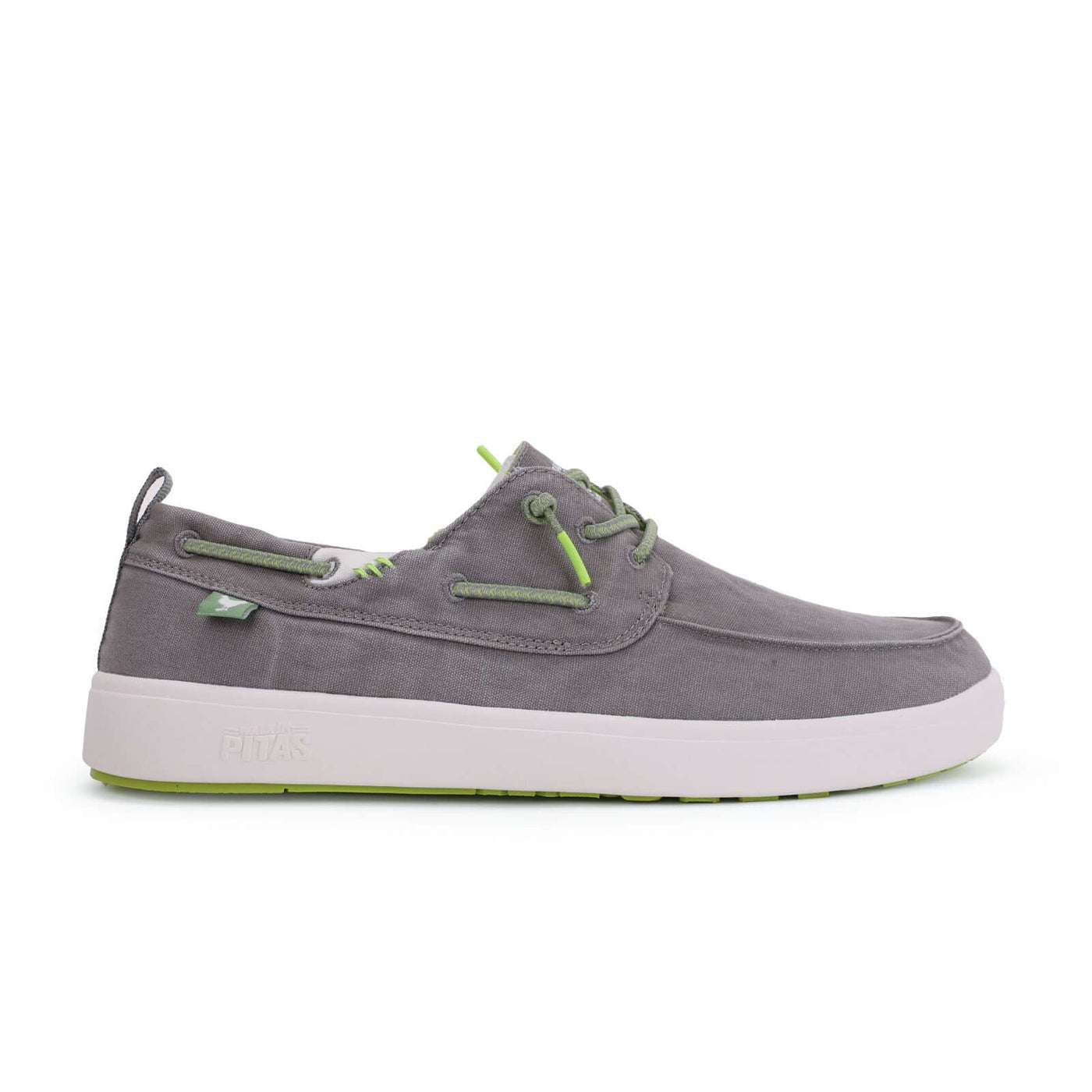 Maui Hi-Grip Boat Shoes with grey cotton upper, ultralight EVA sole, and green elastic laces designed for comfort and style on deck.