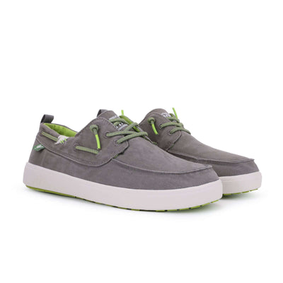 Maui Hi-Grip Boat Shoes in grey with green accents, featuring easy-on laces, ultralight EVA sole, and hi-grip rubber Pitas outsole.