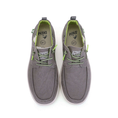 Gray Maui Hi-Grip Boat Shoes with green accents, featuring easy-on elastic laces and a high-traction rubber outsole.