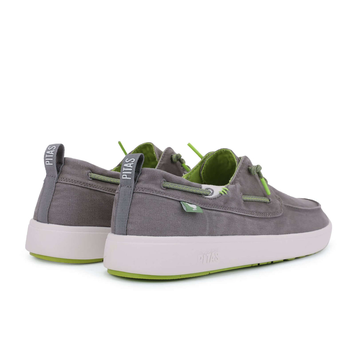 Grey Maui Hi-Grip Boat Shoes with elastic laces, Pitas Comfort insole, and anti-slip rubber outsole for enhanced deck safety.