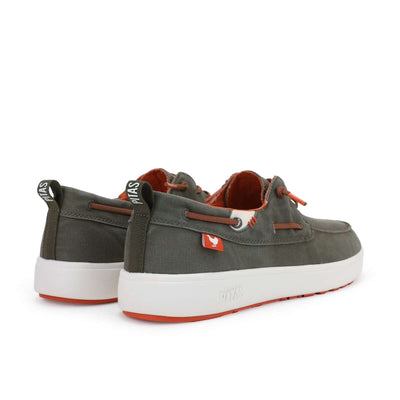 Maui Hi-Grip boat shoes in olive with red accents, featuring easy-on elastic laces, heel pulls, and high-grip rubber outsole.