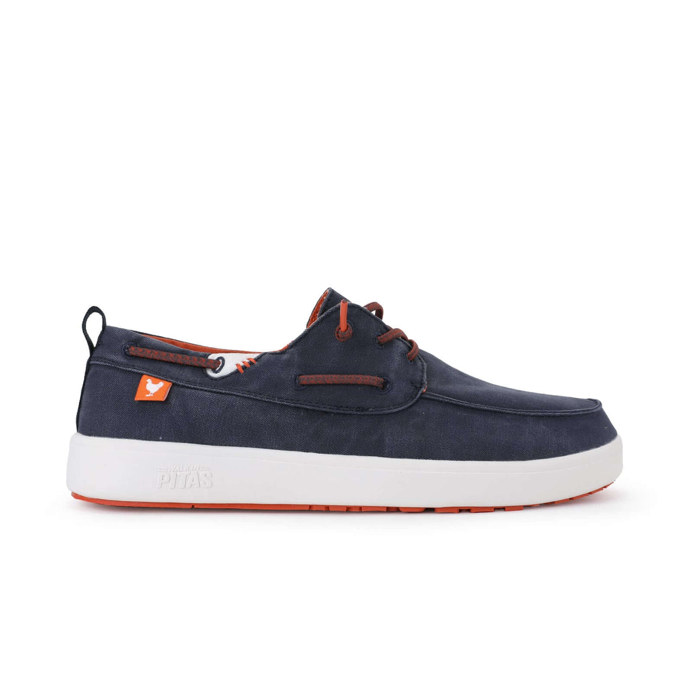 Maui Hi-Grip Boat Shoes with navy cotton upper, elastic laces, and contrast rubber Pitas outsole for superior deck grip.