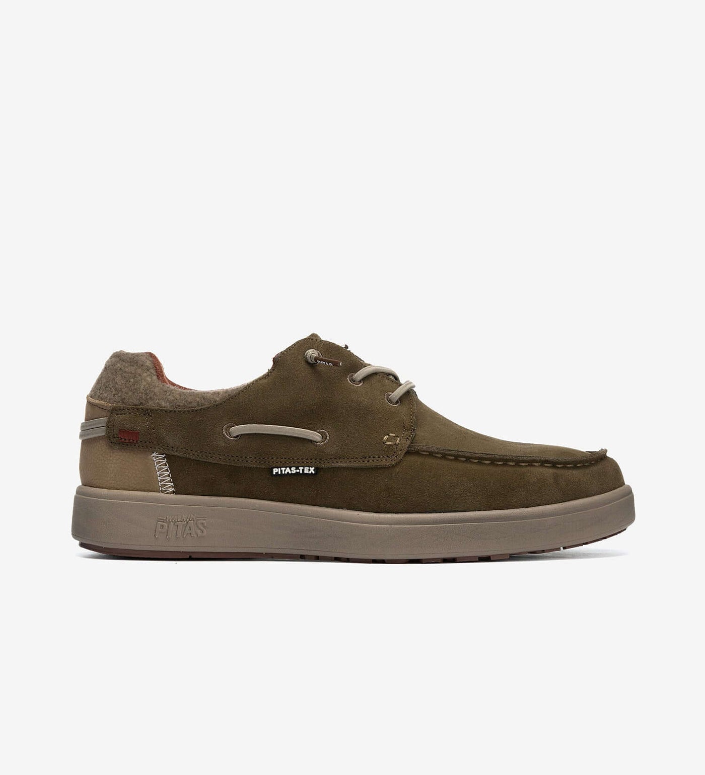 Omi by Pitas waterproof suede casual shoe in olive green, featuring lightweight and breathable Pitas-Tex technology.