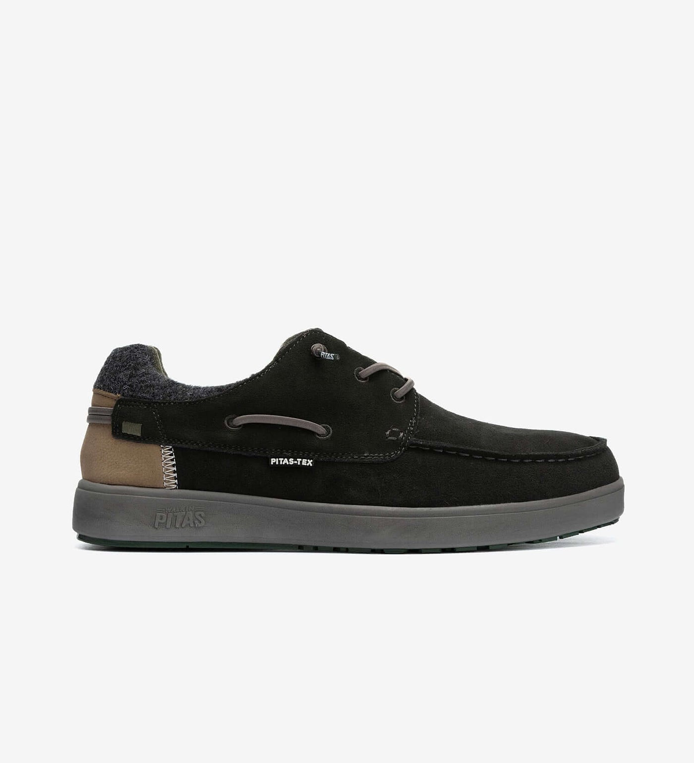 Omi by Pitas waterproof suede casual shoe, side view, featuring Pitas-Tex system for lightweight and breathable comfort.