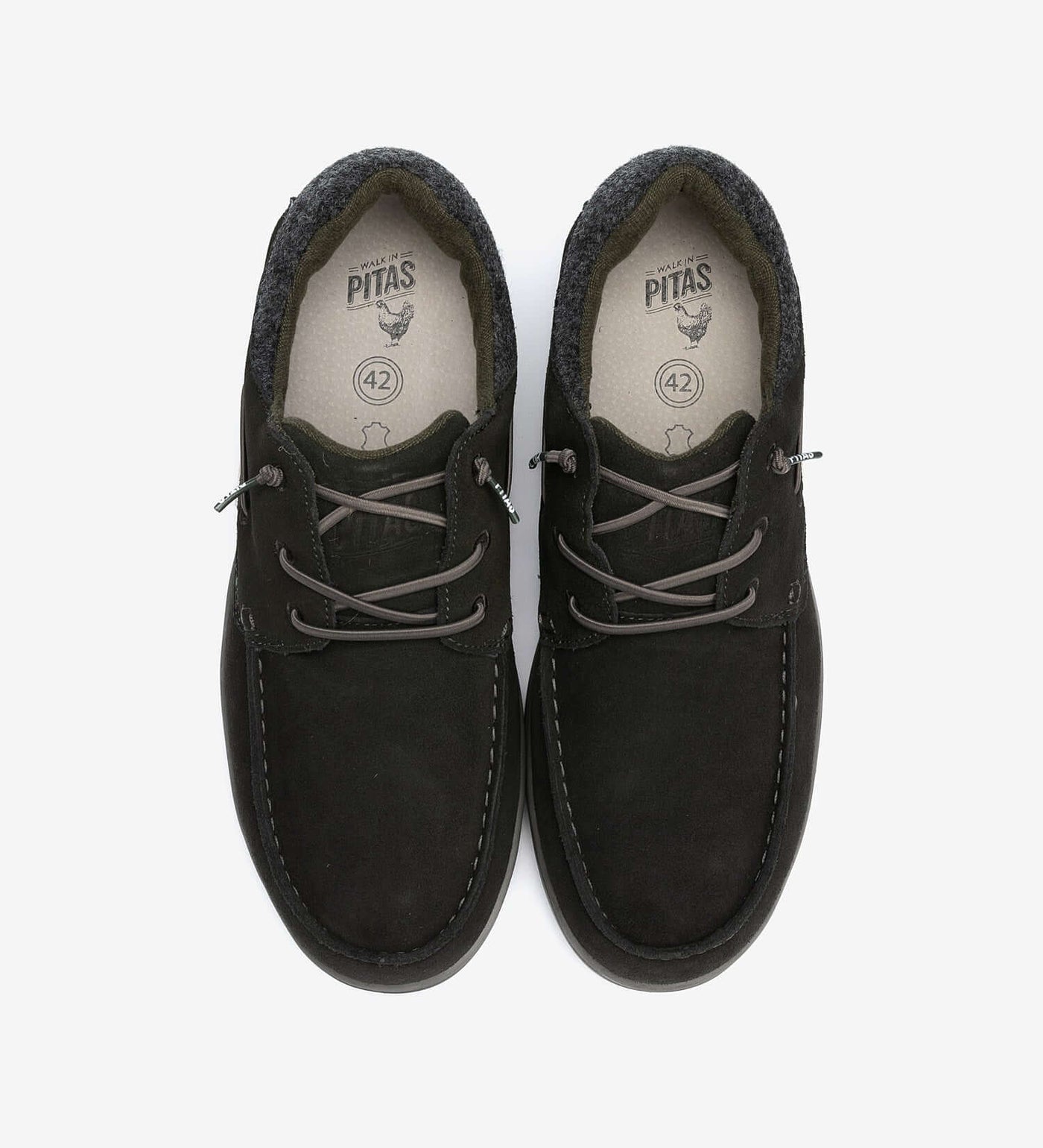 Omi by Pitas easy-on waterproof suede shoes top view, dark color with soft fabric lining, lightweight and breathable design.