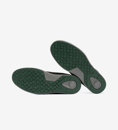 Green sole of Omi by Pitas waterproof suede casual shoe with textured grip pattern.