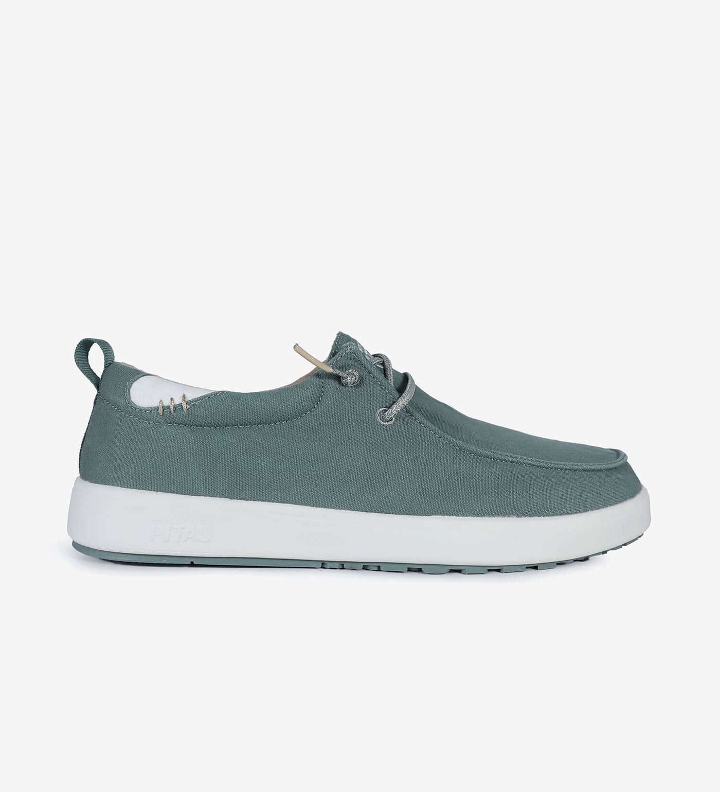 Biarritz Hi-Grip Wally with cotton canvas upper, elastic laces, and EVA sole in green color, side view.