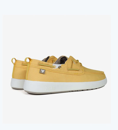 Yellow Maui Hi-Grip boat shoes with easy-on elastic laces and shock-absorbent EVA sole, perfect for deck use.