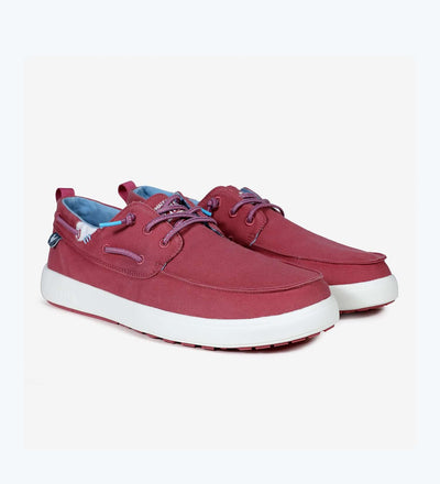 Maui Hi-Grip Boat Shoes in red with elastic laces, cotton upper, and EVA sole for comfort and grip.