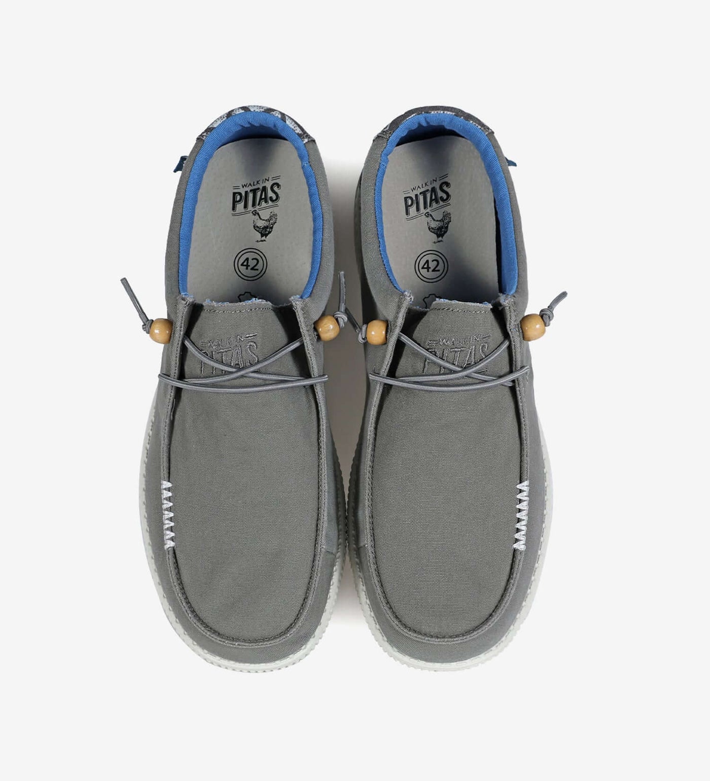 WP150 Kin Ultralight Wally shoes with Aztec heel design, gray cotton uppers, and blue lining by Walk In Pitas.