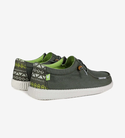 WP150 Kin Ultralight Wally shoes with Aztec heel design, green cotton uppers, white EVA sole, perfect for relaxed summer wear.