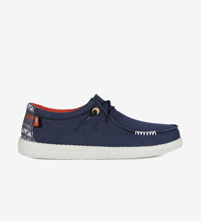 Ultralight WP150 Kin wally shoe with Aztec-inspired heel, navy blue cotton upper, contrast lining, and durable EVA sole.