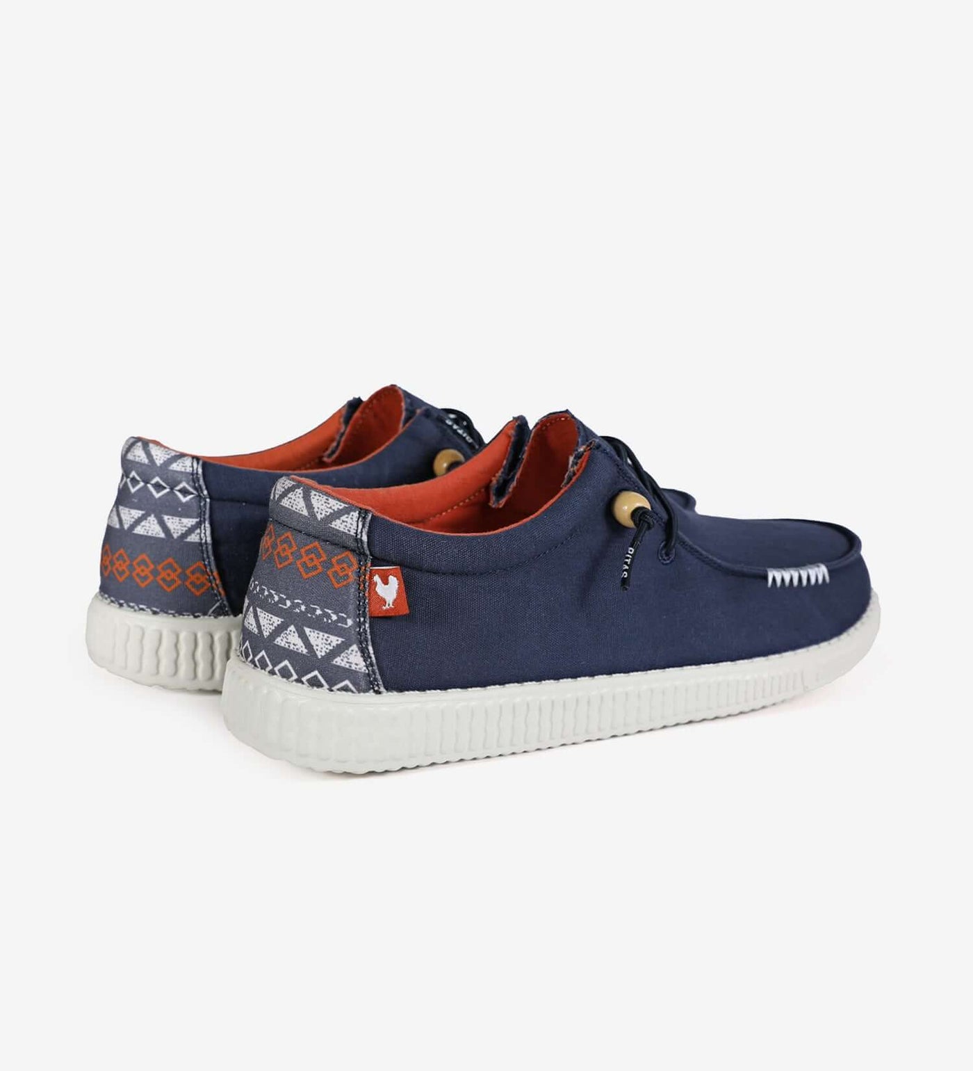 WP150 Kin Ultralight Wally shoes with Aztec heel design, navy blue cotton uppers, and white EVA sole by Walk In Pitas.