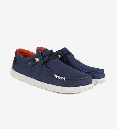 WP150 Kin Ultralight Wally by Walk In Pitas with Aztec heel designs, navy cotton uppers, and EVA sole, perfect for summer days.