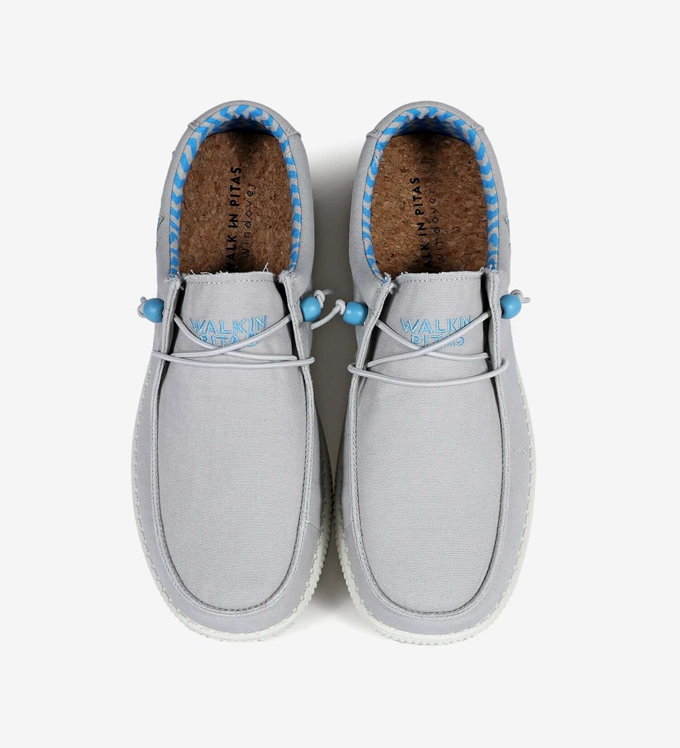 WP150 Ultralight Canvas Windover Wally shoes in gray with elastic laces and tribal design lining, top view.