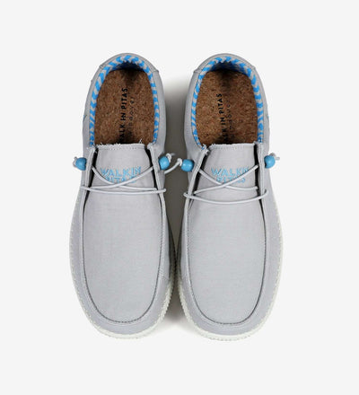 WP150 Ultralight Canvas Windover Wally shoes in gray with elastic laces and tribal design lining, top view.