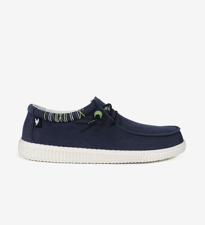 WP150 Ultralight Canvas Windover Wally shoe with navy cotton upper, tribal design lining, and adjustable elastic laces.