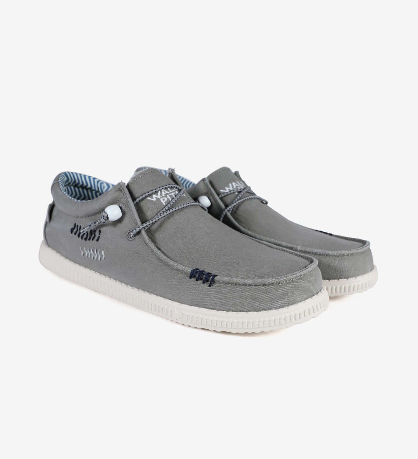 Gray WP150 Ultralight Canvas Windover Wally shoes with tribal design, easy-on elastic laces, and soft cotton lining.