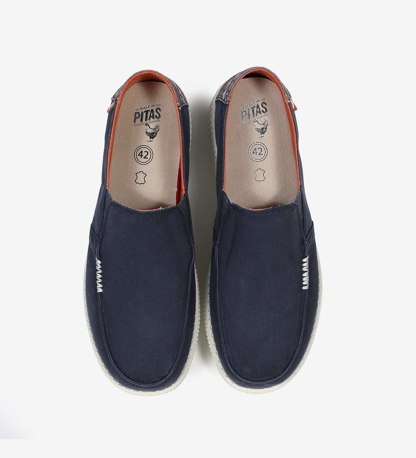 WP150 Inti Ultralight Loafers with Aztec print heels, navy blue, elasticated gussets, 100% cotton upper, top view.