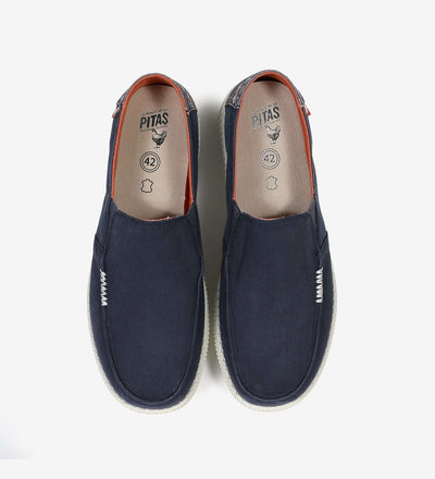 WP150 Inti Ultralight Loafers with Aztec print heels, navy blue, elasticated gussets, 100% cotton upper, top view.