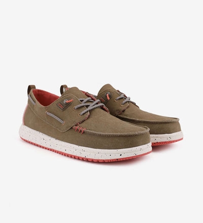 Byron Ultralight Boat Shoes with easy-on elastic laces, supportive heel, and shock absorbent EVA sole in olive and red color.