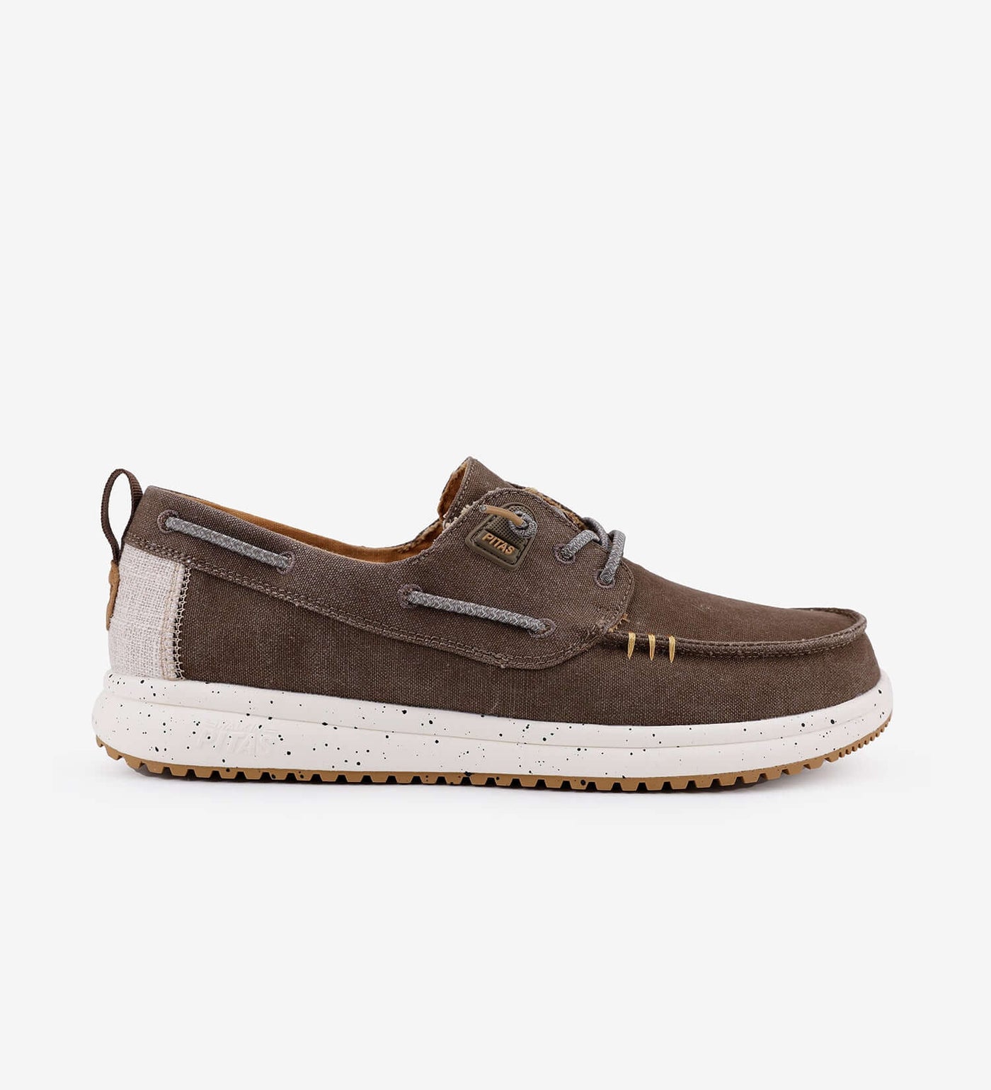 Byron Ultralight Boat Shoe with elastic laces, cotton canvas upper, and EVA sole in brown.